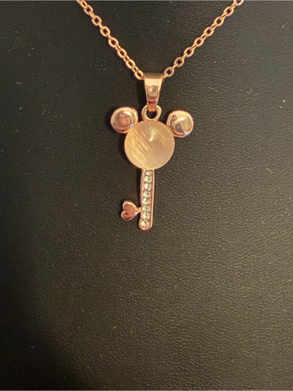 Rose Gold Mickey-Inspired Key Pendant Necklace with Crystal Accents
